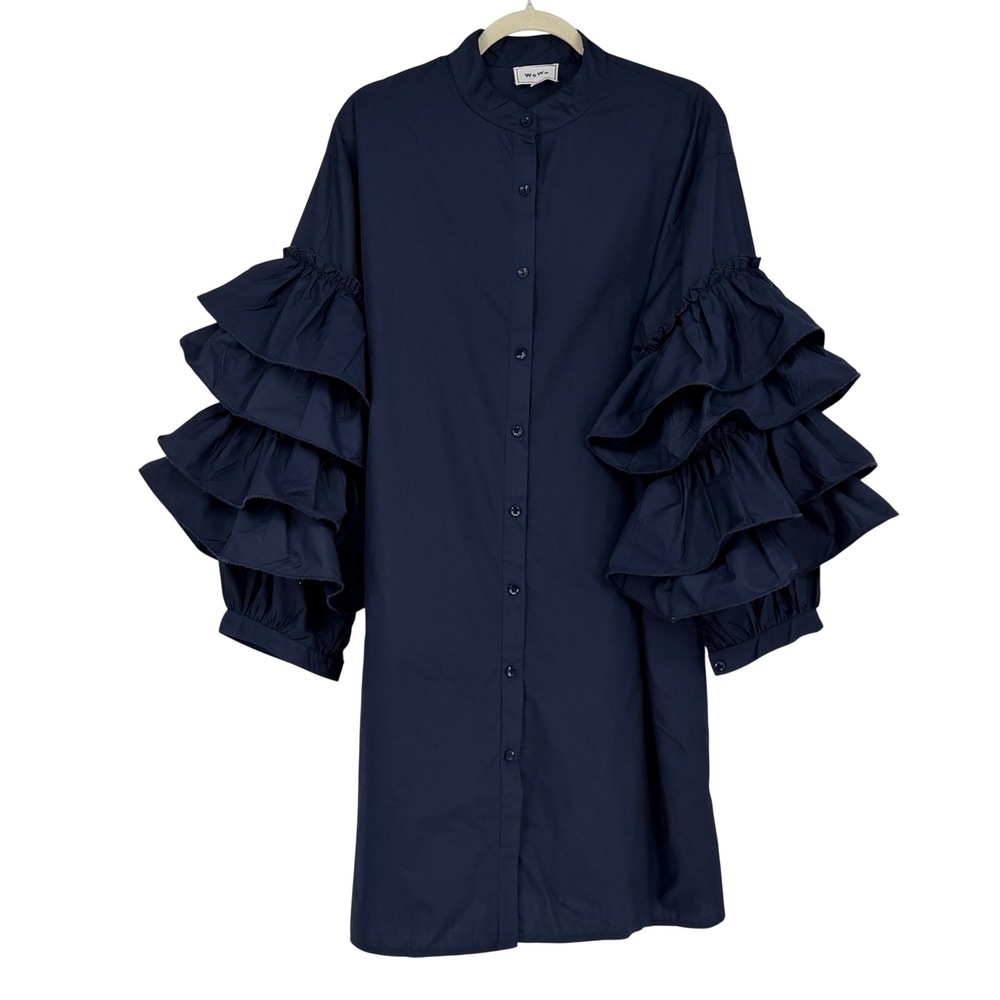 WoWo 3X Navy Button Front Shirt Dress Tiered Ruffle Statement Sleeves Plus